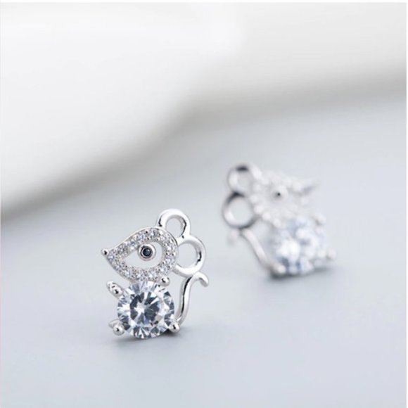 NEW Tibetan 925 Silver Cute Mouse Zircon Earrings - Picture 9 of 15